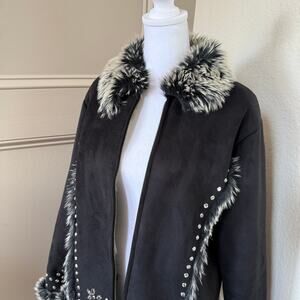 Montanaco Black Faux Suede Fur Jacket Womens L Gem Studs Trim Boho Western Style